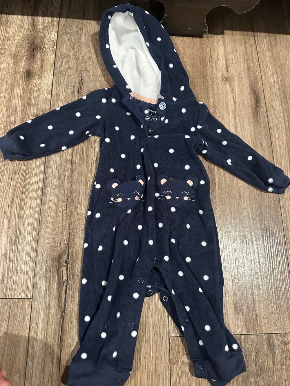 Carter's Navy and Cream Plush Hooded Infant Romper
